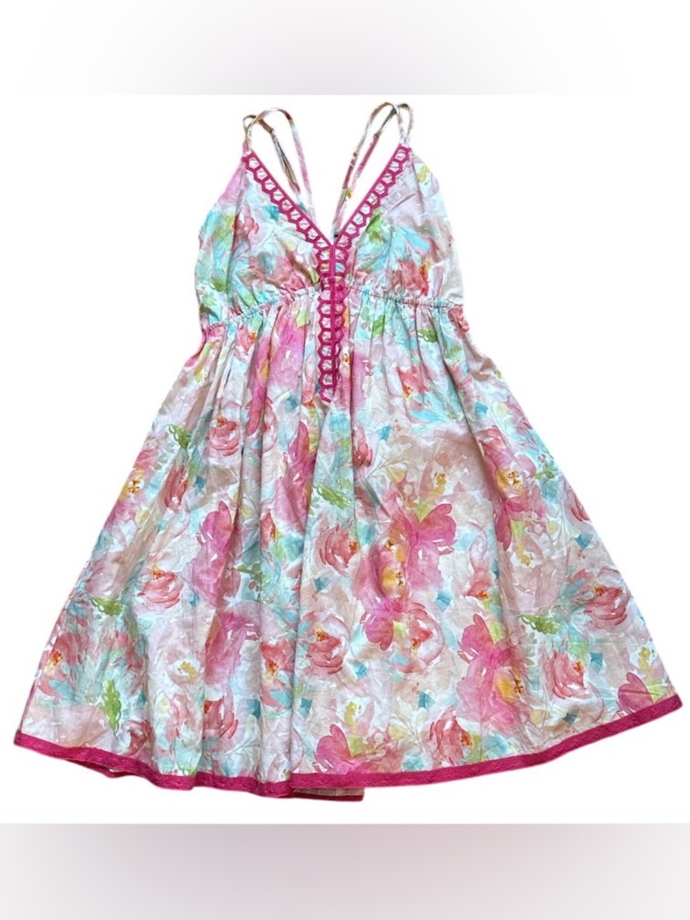 🌸Floral Cotton Pink & Pastel Watercolor Babydoll Cut Sundress by In Bloom S🌺